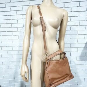 Paul Costelloe Tan Pebbled Leather Crossbody Bag with Gold Fox Logo Emblem